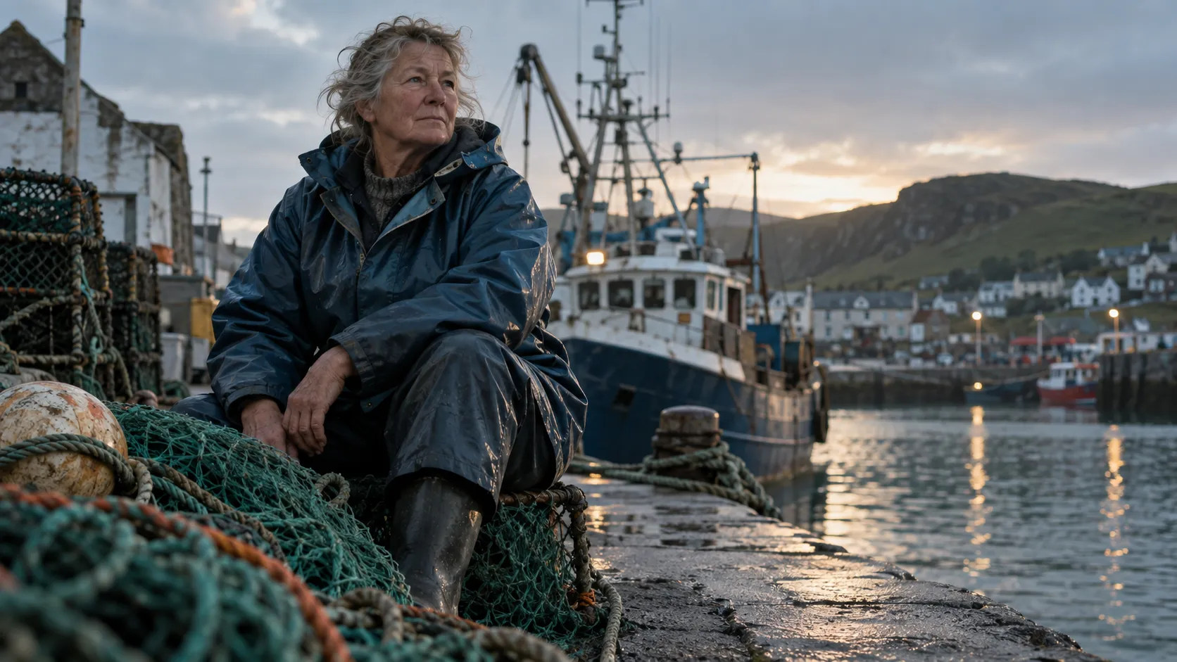 A quayside scene paired with its shot tags