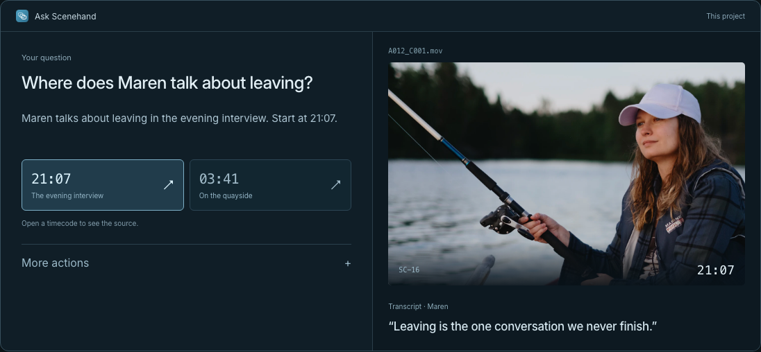 Illustrated Ask answer with scenes, timecodes and actions to jump, mark or tag the footage