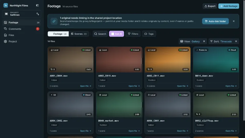 Footage browser with searchable scene cards