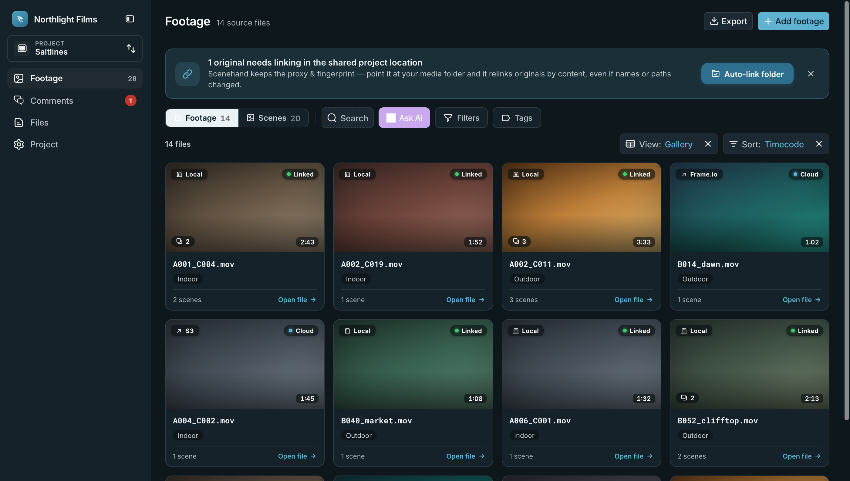 The footage view after a first pass — 14 source files broken into 20 scenes, with search, Ask, filters and tags across the top, and per-card duration, roll and link status.