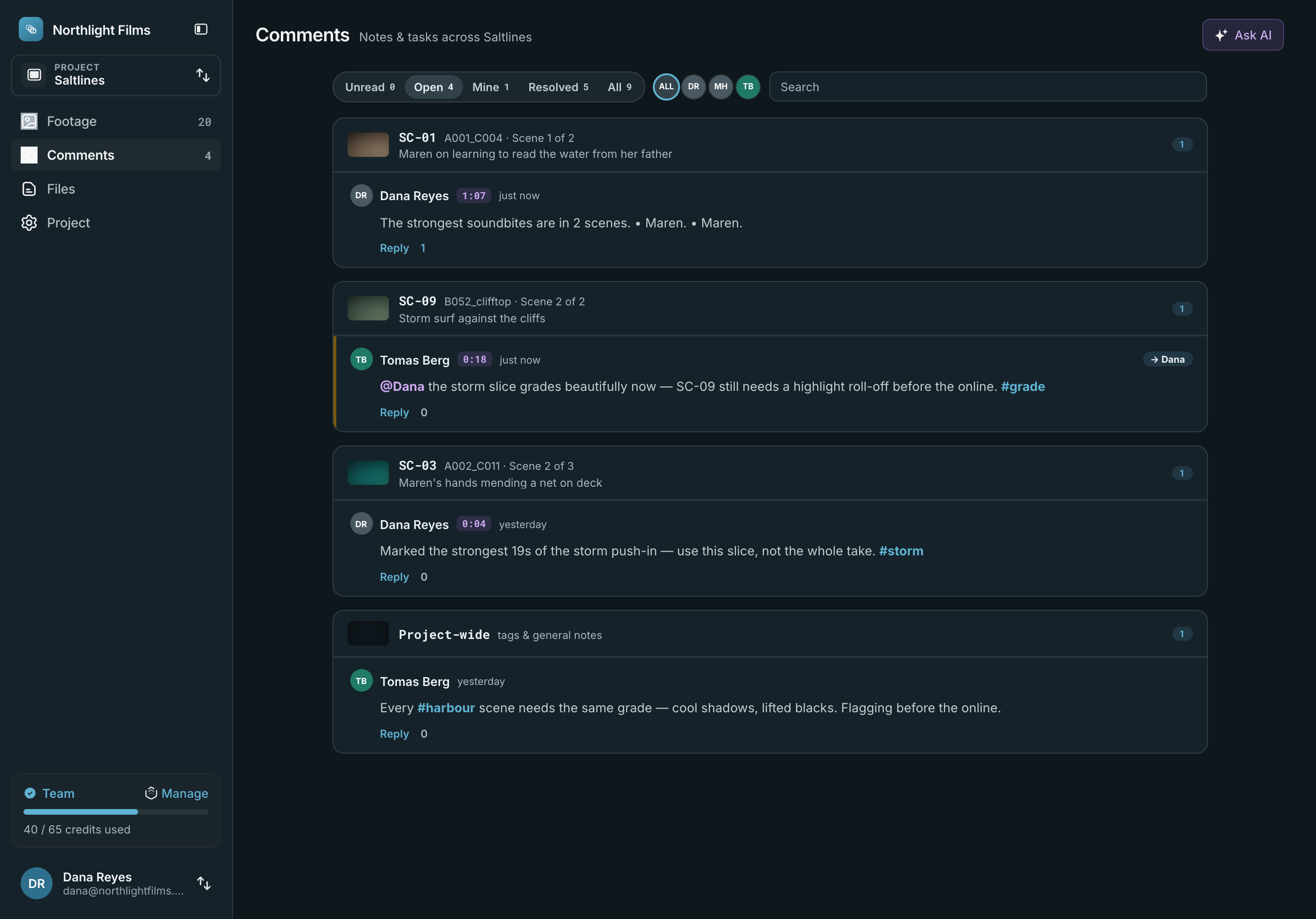 Comments across a project, filtered by state and by person. Each note is pinned to a scene and a timecode, with replies threaded underneath.