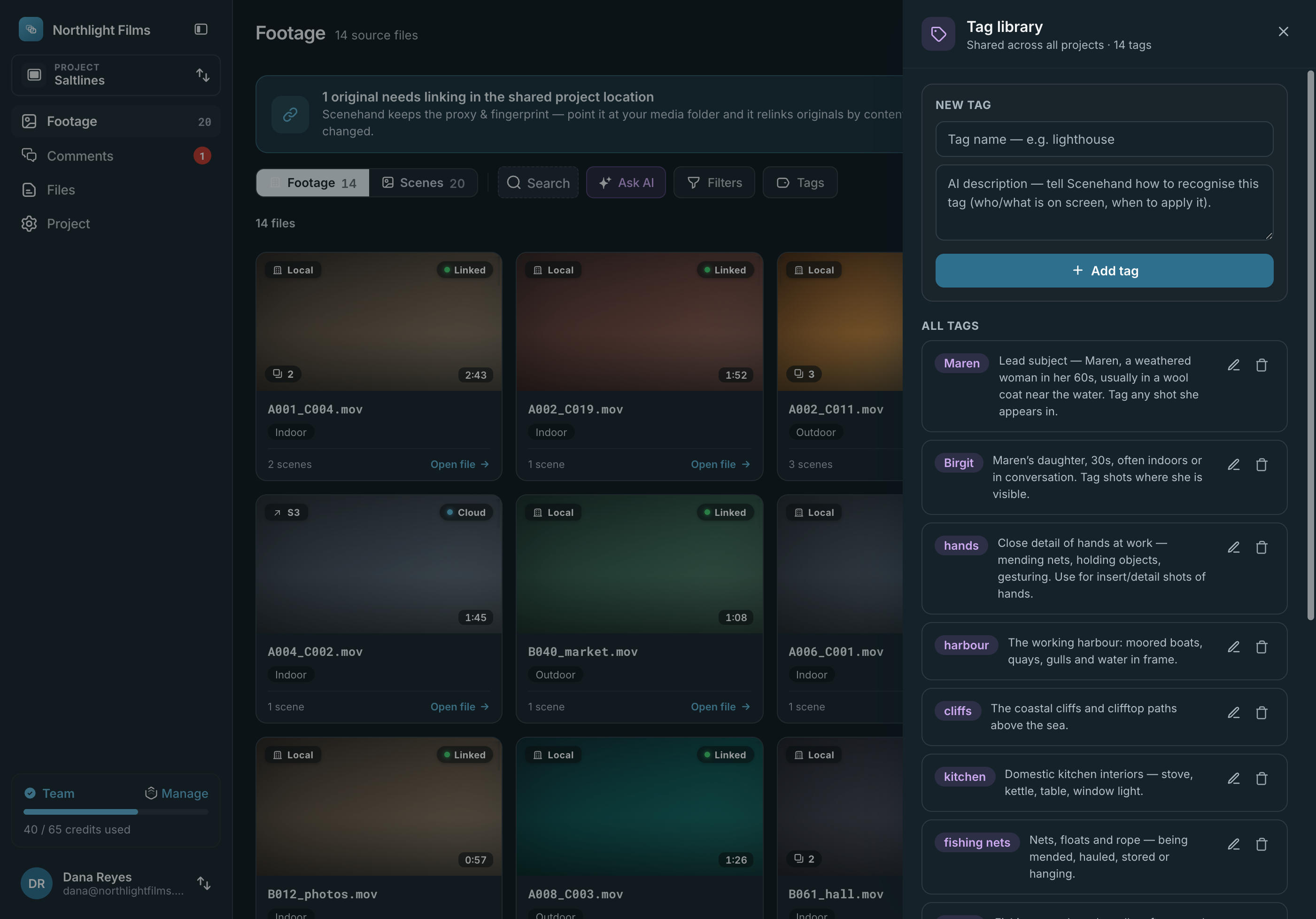 The shared tag library. Each tag carries a plain-language description telling Scenehand how to recognise it, so the whole team filters on the same vocabulary.