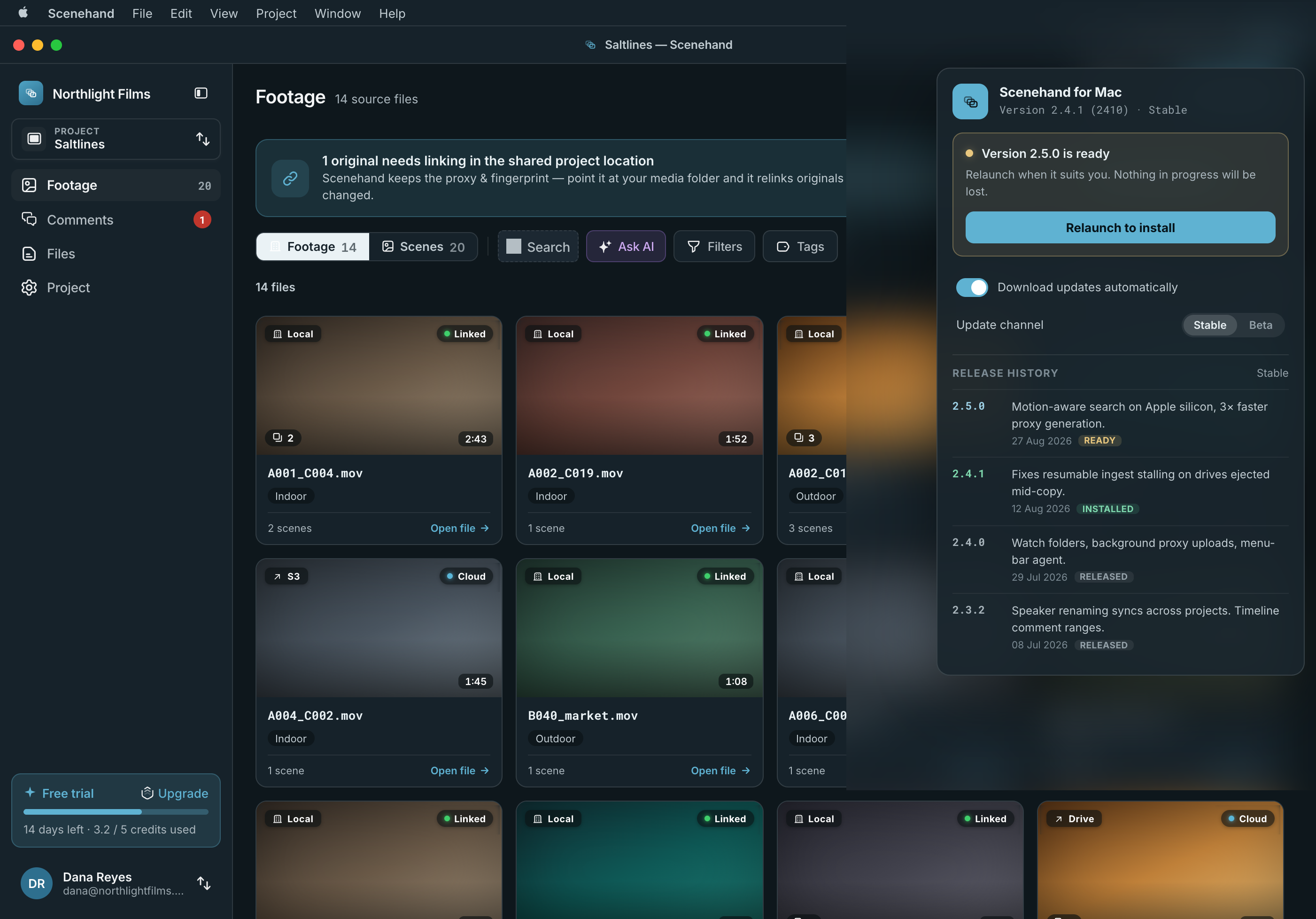 The update panel in the desktop app: installed version and channel, the pending release, automatic downloads, and the full release history with per-version status.